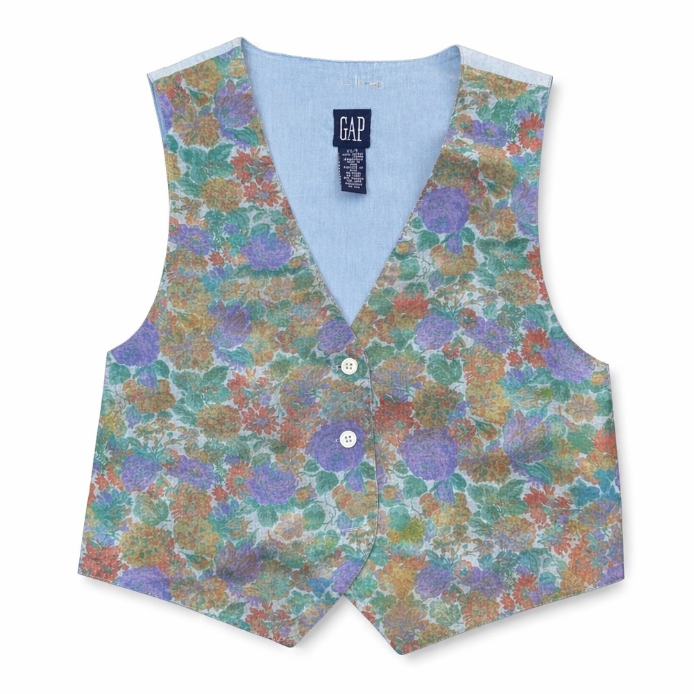 Vintage 90s Gap Floral Button Front Vest Blue Cottagecore XS S boho
